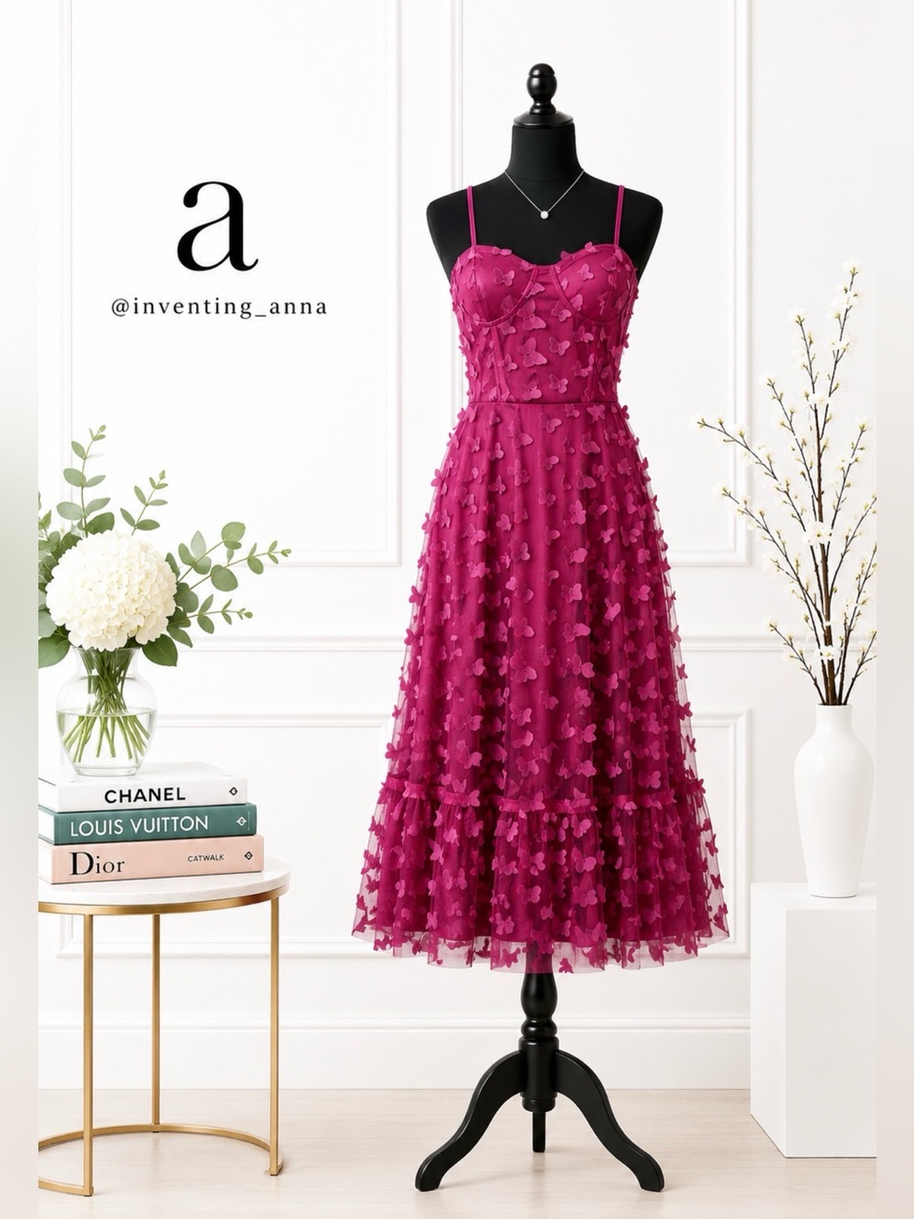 JJ HOUSE Burgundy Tulle Spaghetti Strap Dress w/Butterfly Appliqué Corset Back